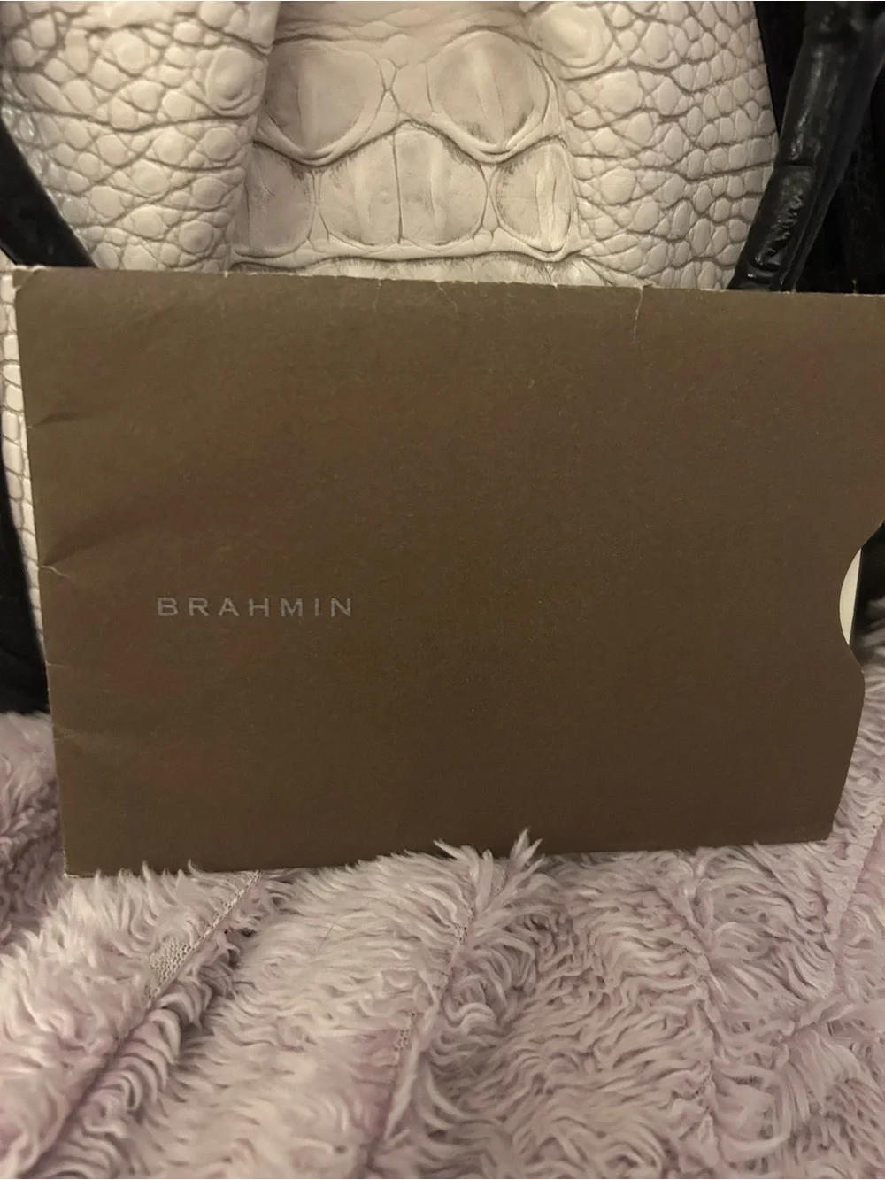 Brahmin White Croc-Embossed Satchel with Black Trim